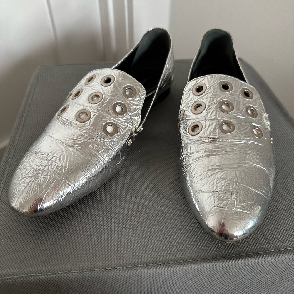 Proenza Schouler Silver Crinkle Metallic Loafer Flats with rivets